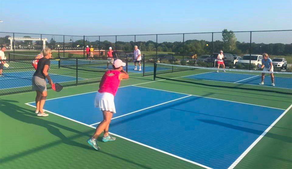 Pickleball players on the court at Old Hawthorne in Columbia Missouri